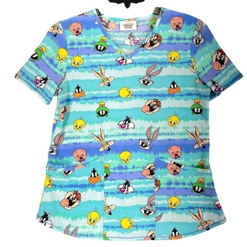 Looney Tunes Warner Bros Scrub Top Womens S Blue Tie Dye Character Print Medical